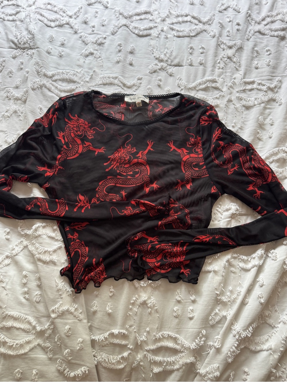 Sheer Black Long-Sleeve Top with Red Dragon Print M